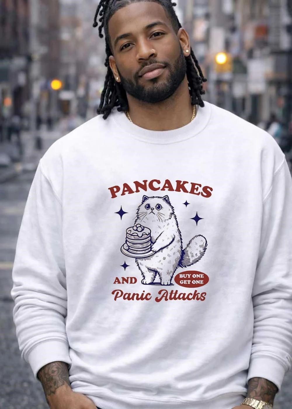 Funny Cat Holding Pancakes and Panic Attacks Buy One Get One shirt