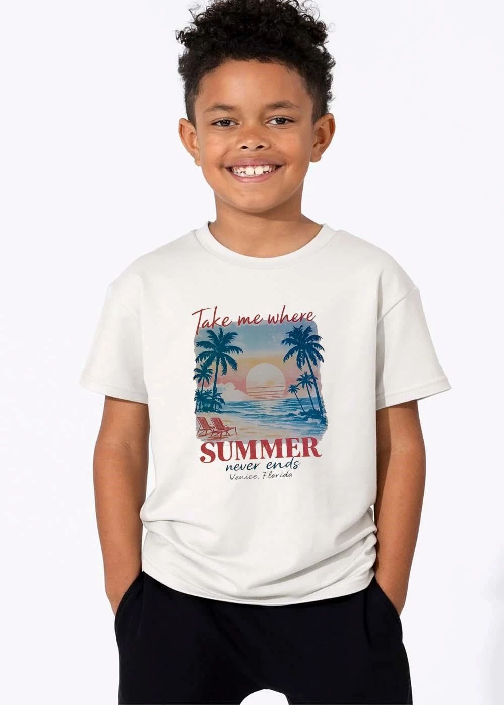 Take Me Where Summer Never Ends Venice Florida Palm Trees Beach Chairs Sunset Watercolor shirt
