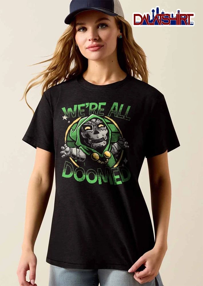 Were All Doomed Cartoon Hooded Armor Supervillain Halftone Circle shirt