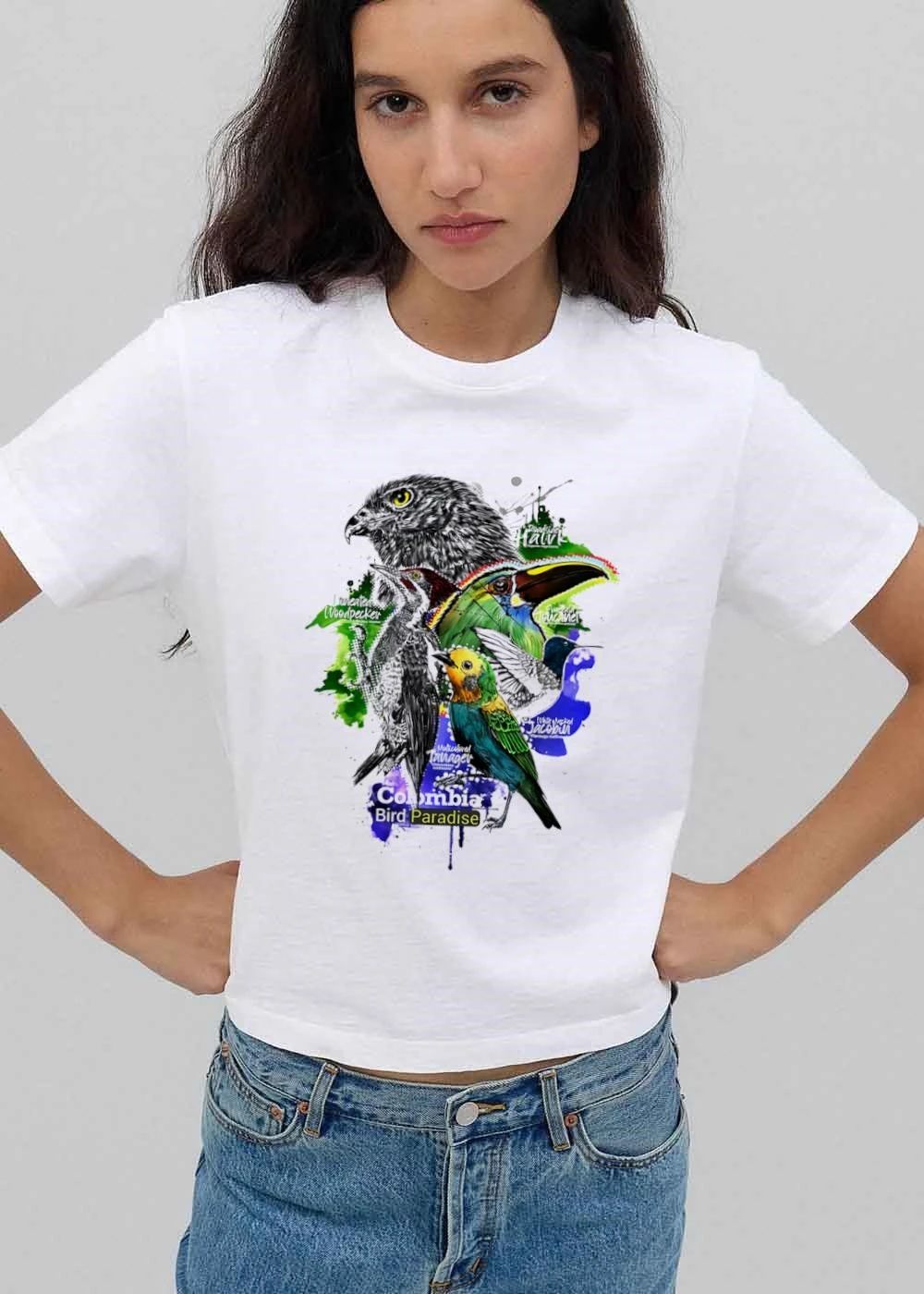 Colombia Bird Paradise Roadside Hawk Lineated Woodpecker Emerald Toucanet Watercolor Splatter Collage shirt