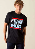 Ptown As A Mug Red Horizontal Bars White Varsity Block Lettering shirt