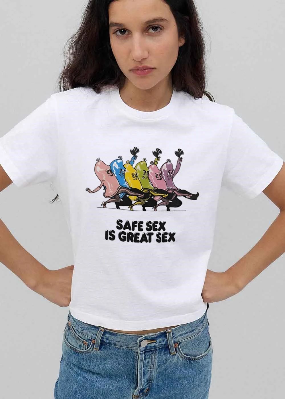Safe Sex Is Great Cartoon Colorful Condoms Dancing Chorus Line shirt