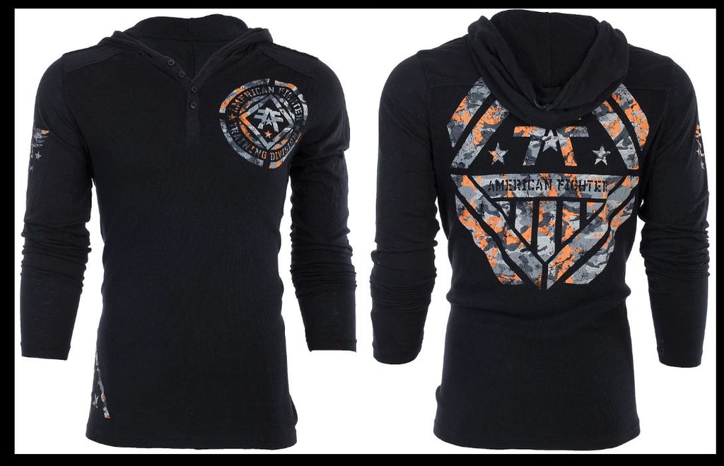 AMERICAN FIGHTER Black AVERETT Long Sleeve Henley Thermal Hoodie  T-shirt NWT