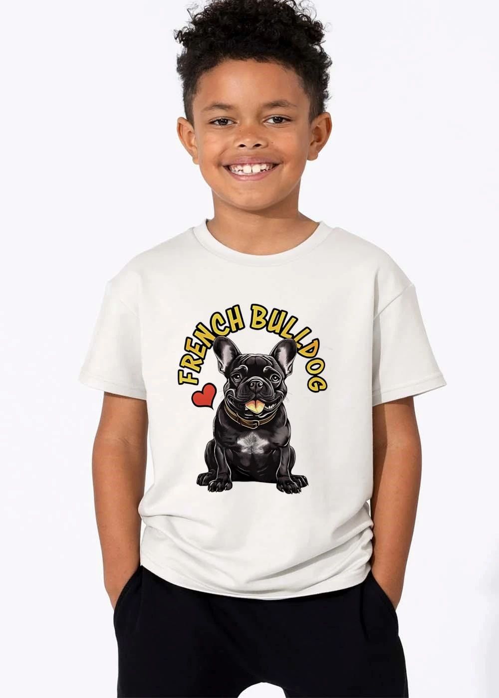 French Bulldog Cartoon Black Sitting Pet Tongue Out Collar Red Heart shirt