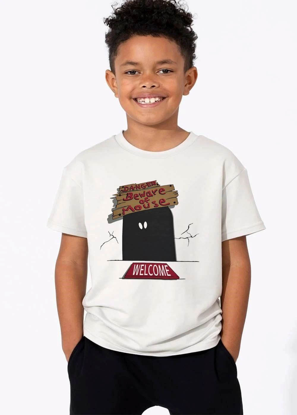 Danger Beware Of Mouse Welcome Cartoon Dark Hole Glowing Eyes Wooden Sign shirt