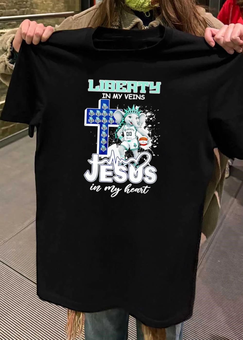 New York Liberty WNBA In My Veins Jesus Heart Cartoon Elephant Mascot Cross Heartbeat Line shirt