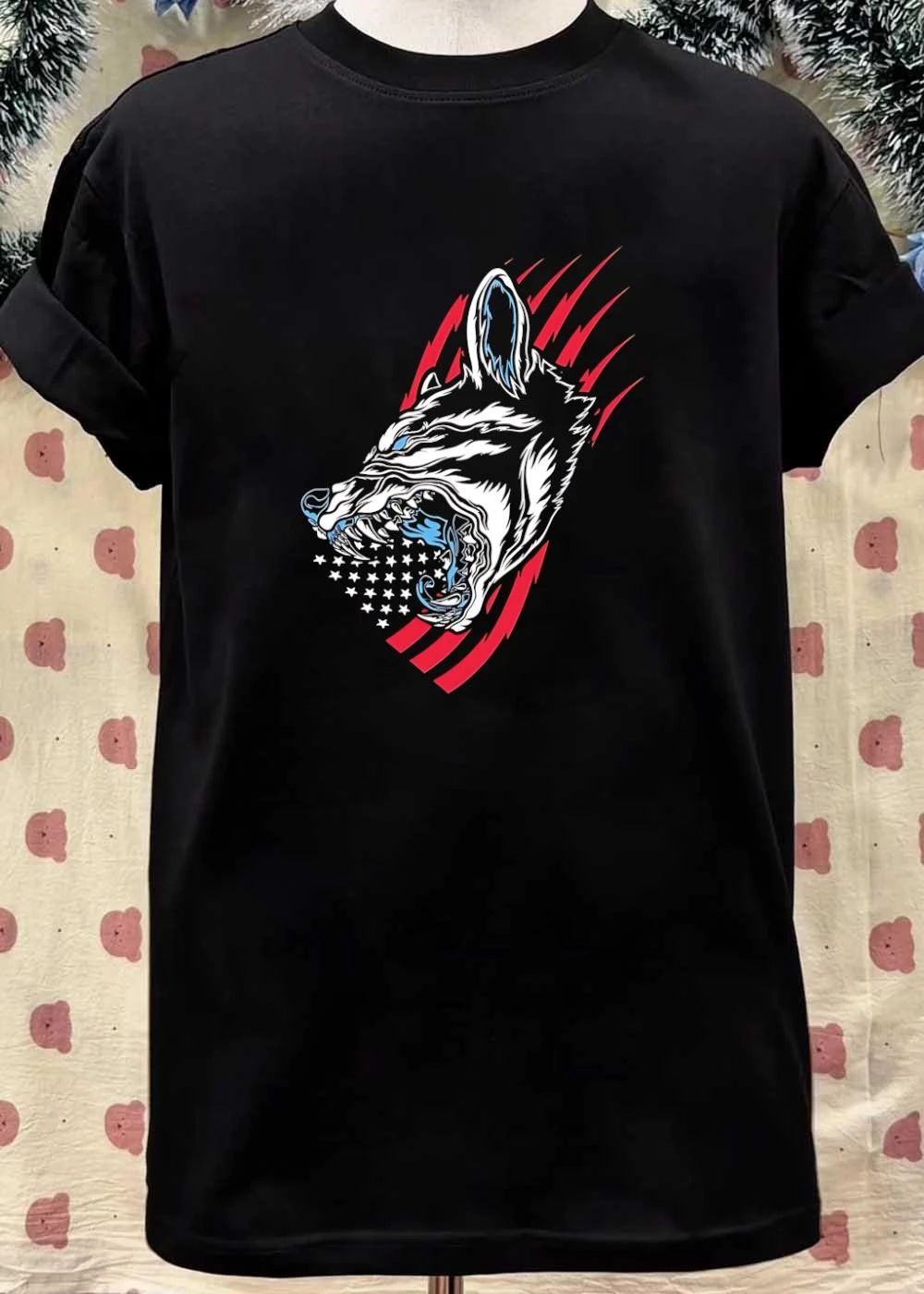 Wolf Snarling with Stars and Stripes T-Shirt