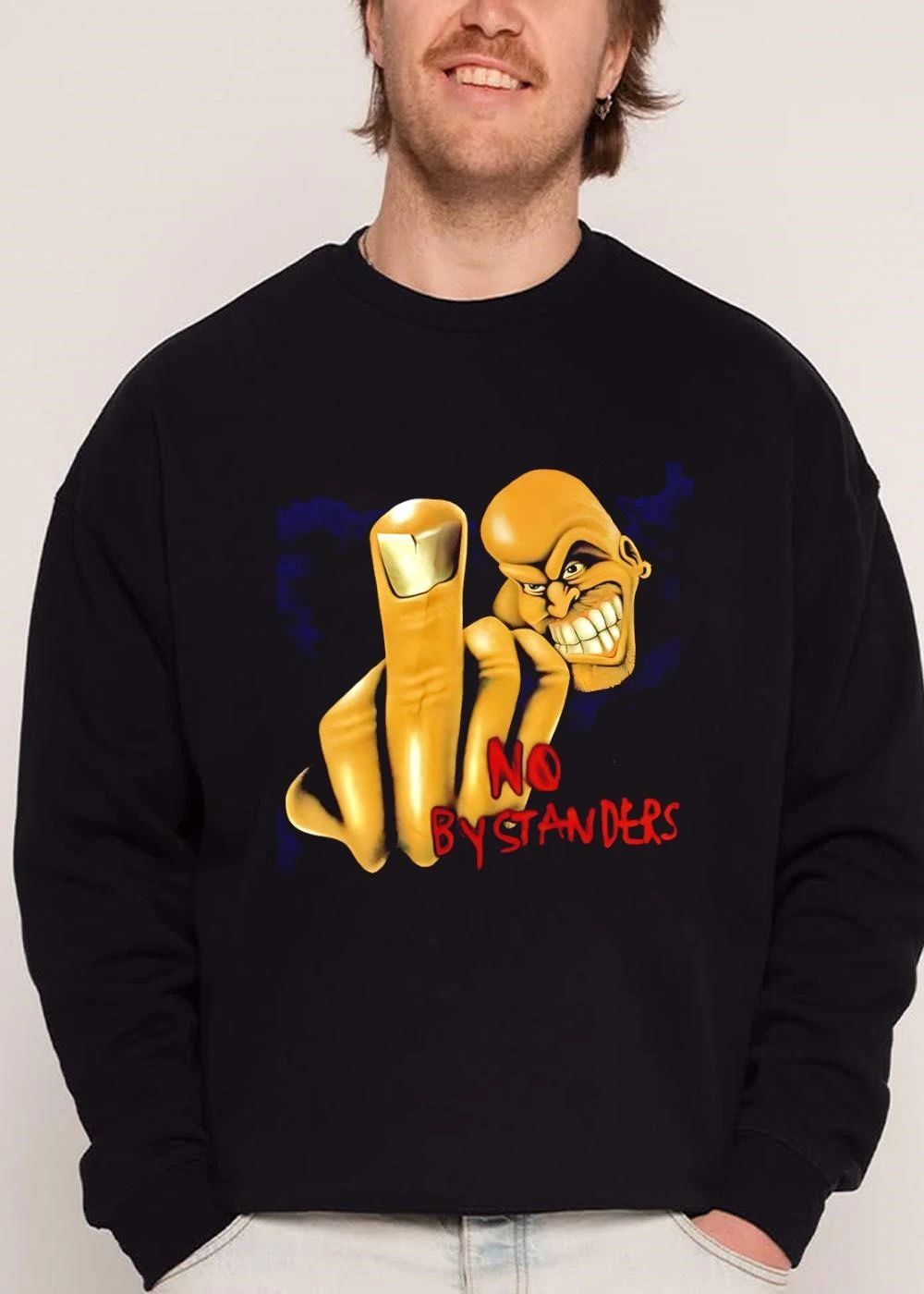 No Bystanders Yellow Cartoon Caricature Bald Man Middle Finger Hand shirt