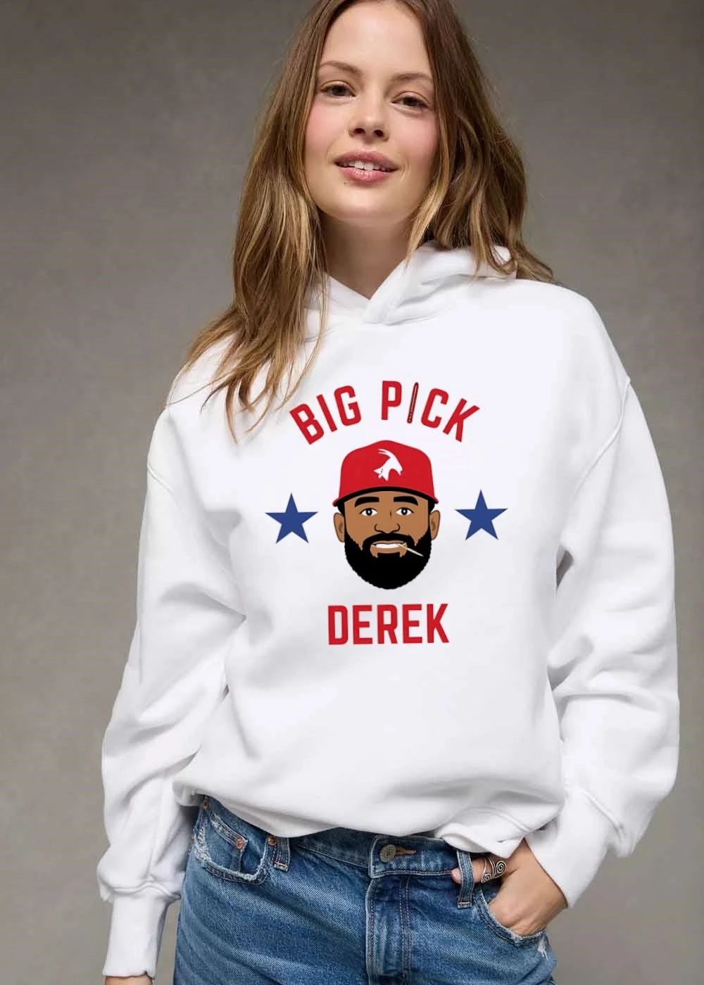 Big Pick Derek Cartoon Caricature Bearded Man Red Goat Hat Toothpick Blue Stars shirt