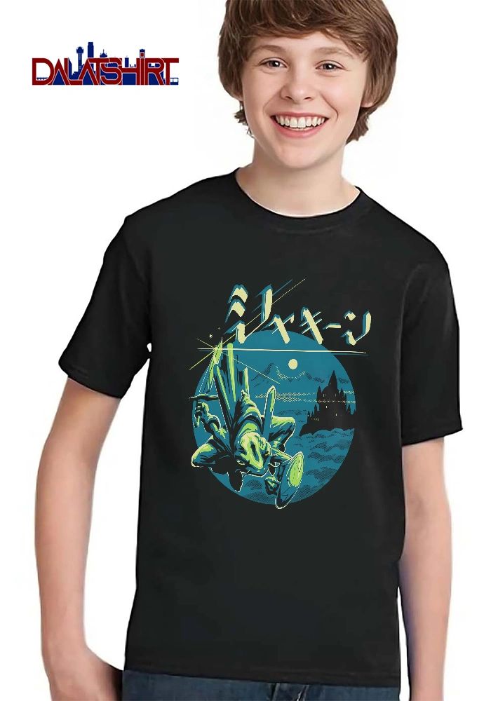Japanese Katakana Text Leaping Frog Knight Holding Sword Shield Castle Moon Circle Halftone shirt