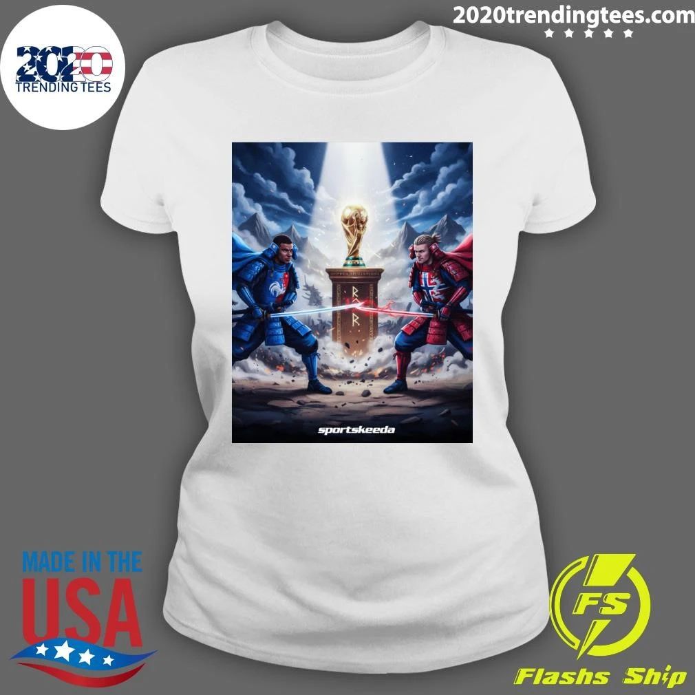 Kylian Mbappé and Erling Haaland Football Rivals Battle for the Championship Trophy Fantasy Artwork Shirt