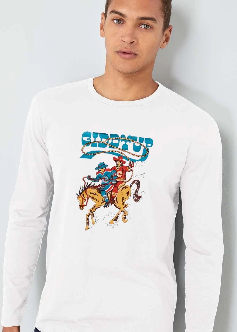 Awesome Calgary Flames Edmonton Oilers NHL Giddyup Cartoon Hockey Players Riding Bucking Horse Lasso shirt