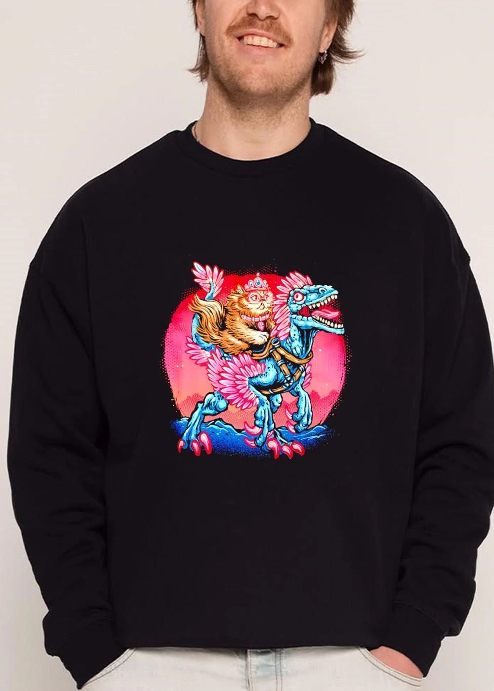 Cartoon Fluffy Cat Wearing Tiara Riding Feathered Velociraptor shirt