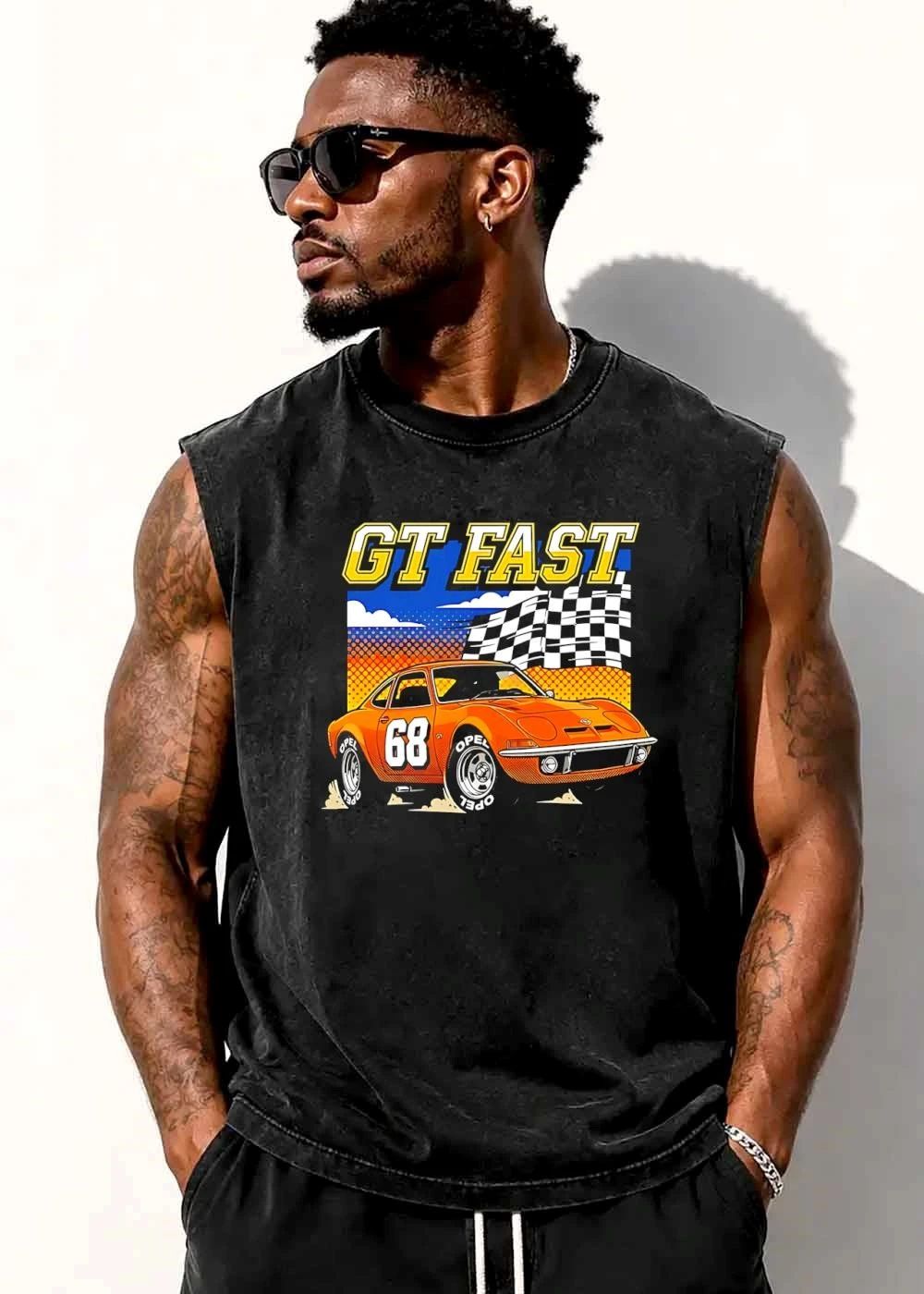 Opel Gt Fast Orange Race Car Checkered Flag Halftone Cartoon shirt