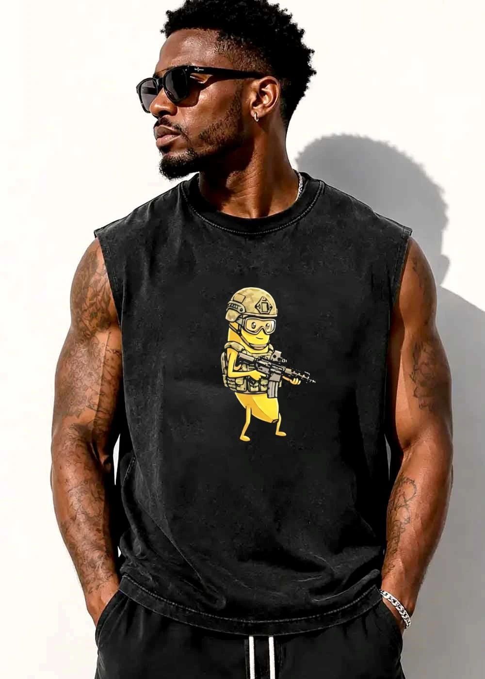 Cartoon Tactical Soldier Banana Helmet Goggles Camo Rifle shirt