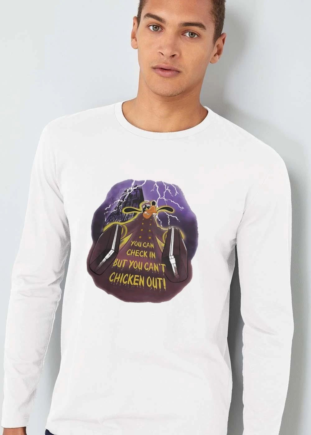 You Can Check In But Cant Chicken Out Cartoon Goofy Bellhop Suitcases Lightning shirt