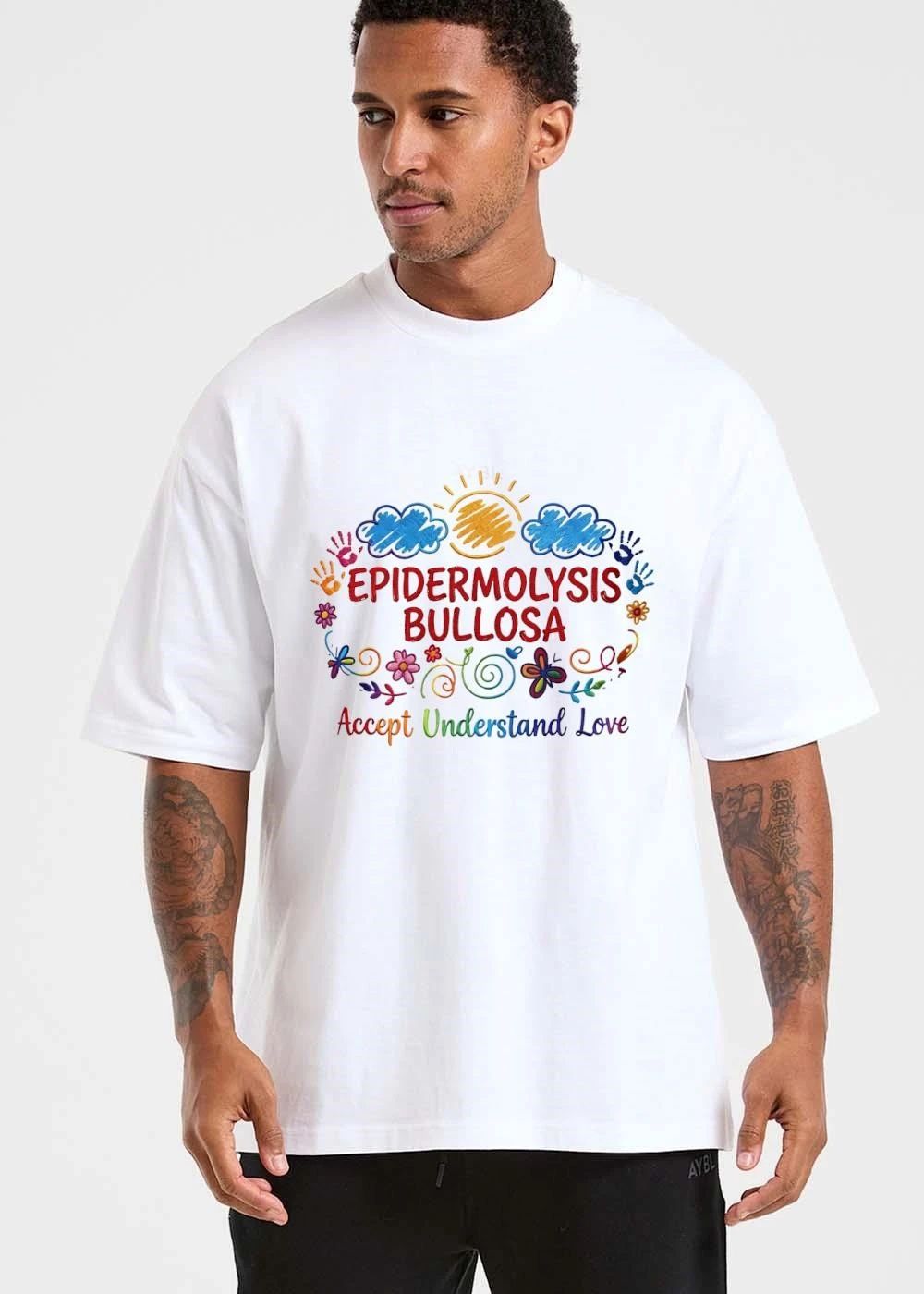 Epidermolysis Bullosa Accept Understand Love Colorful Sun Clouds Handprints Butterfly Flowers shirt