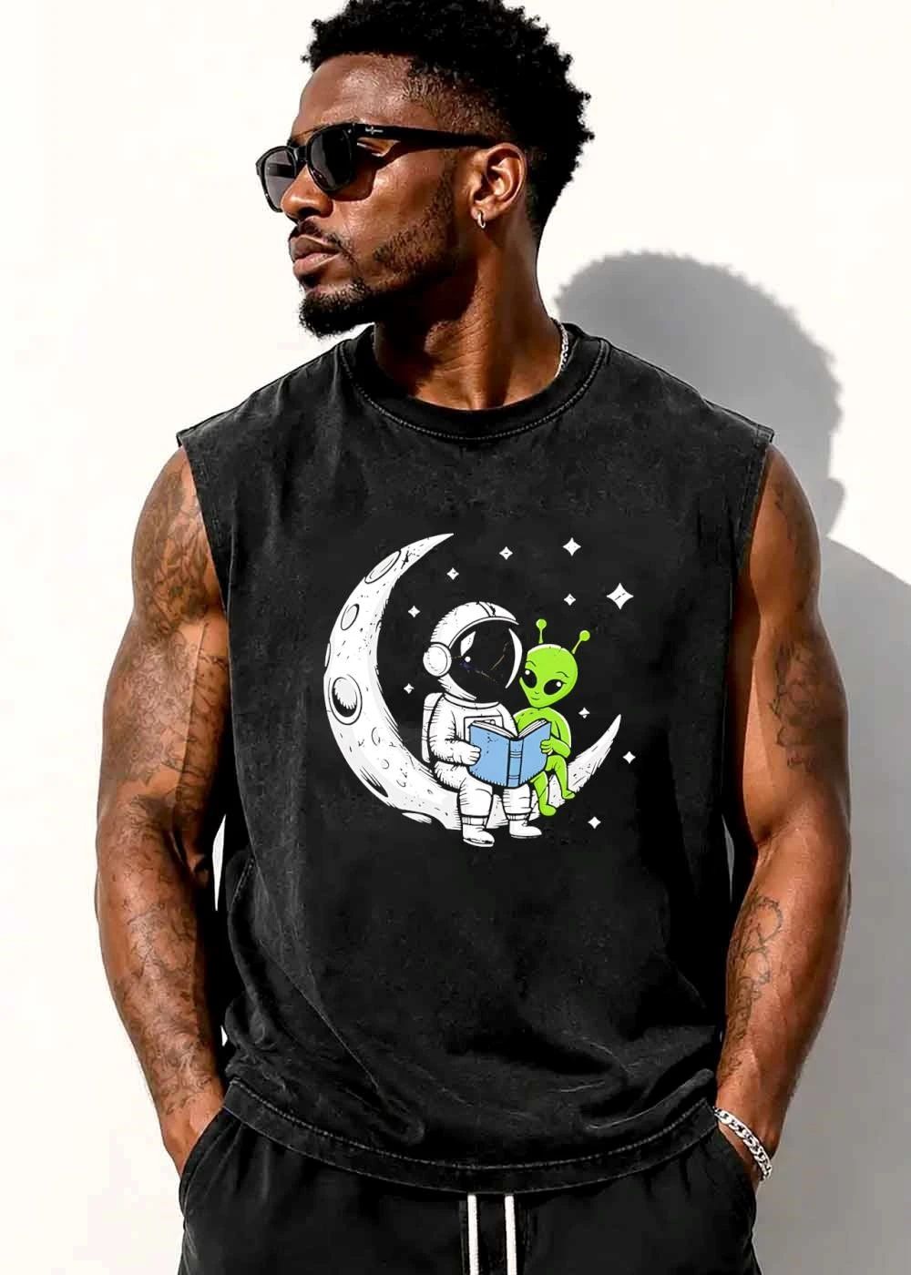 Cartoon Astronaut Green Alien Crescent Moon Reading Blue Book Stars shirt
