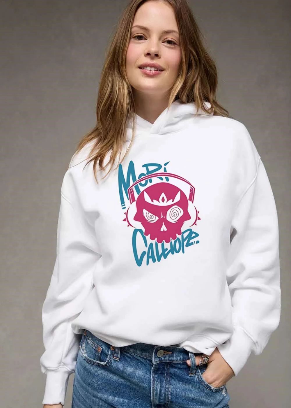 Mori Calliope Pink Skull Swirl Eyes Crown Headphones Blue Text shirt