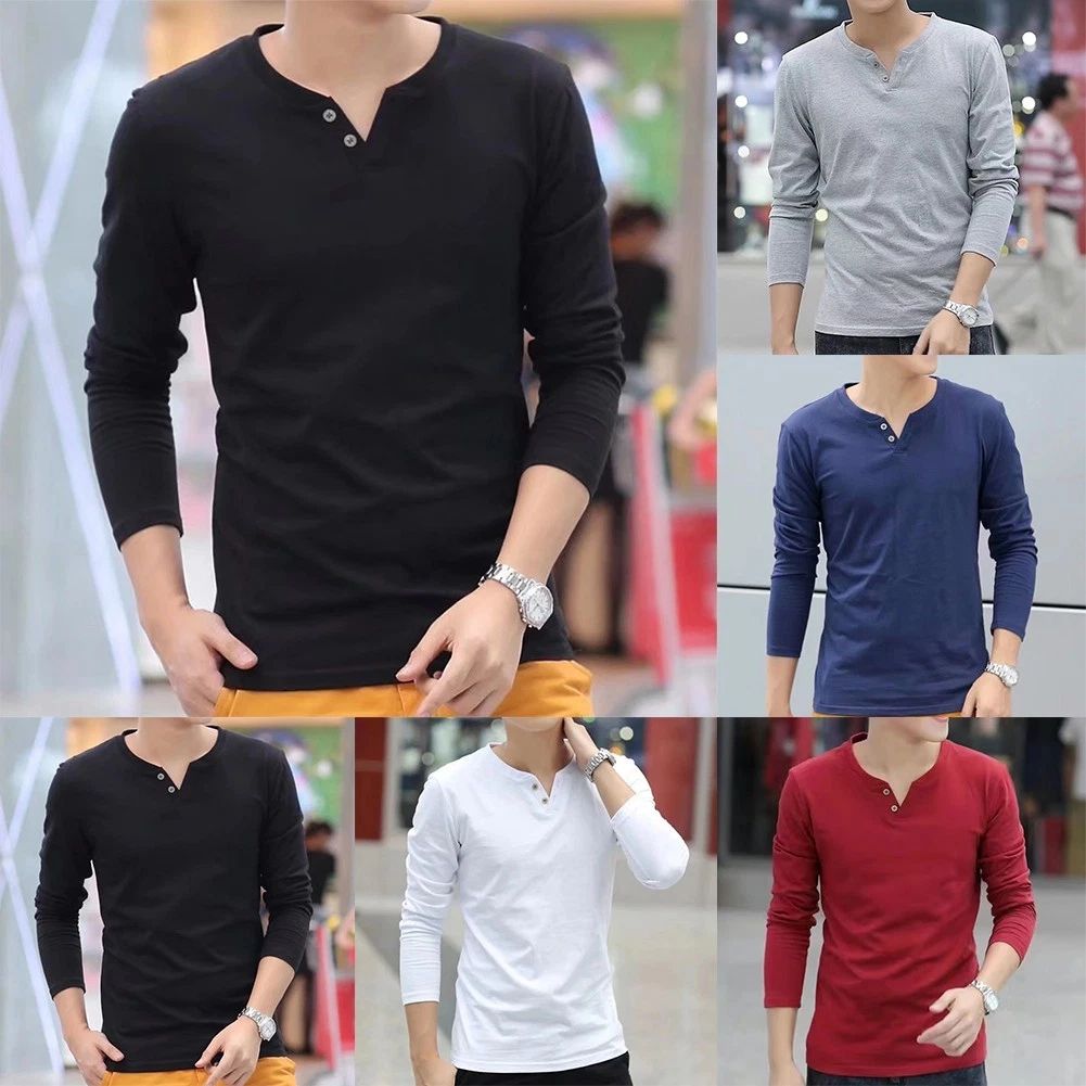 Stylish Men's Button V Neck Henley T Shirt Slim Bottoming Tops Long Sleeve