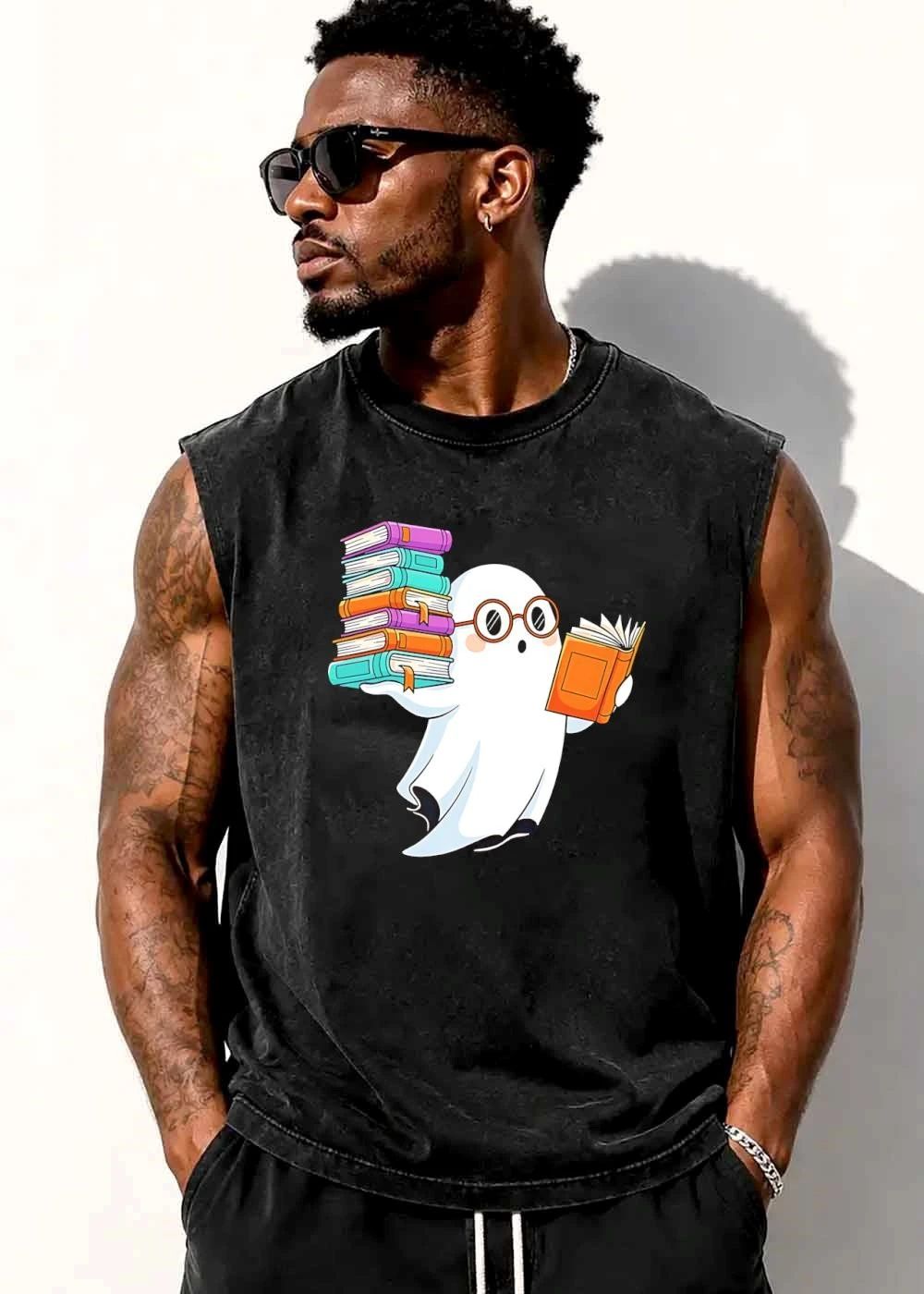 Cute Spooky Cartoon Ghost Wearing Glasses Reading Stacked Books shirt