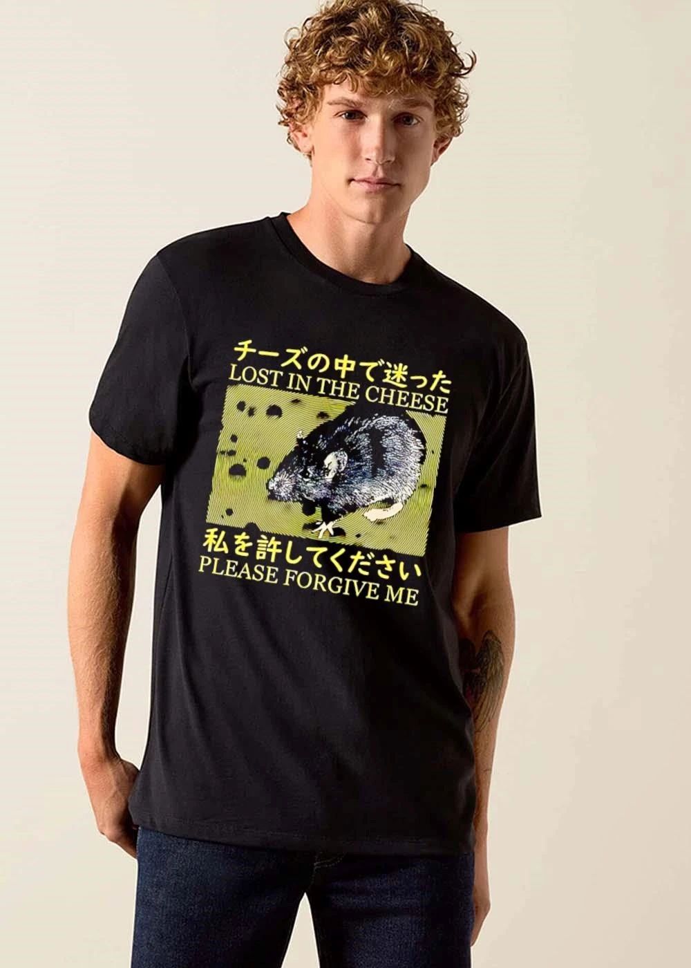 Lost In The Cheese Please Forgive Me Black Rat Japanese Text Line Art shirt
