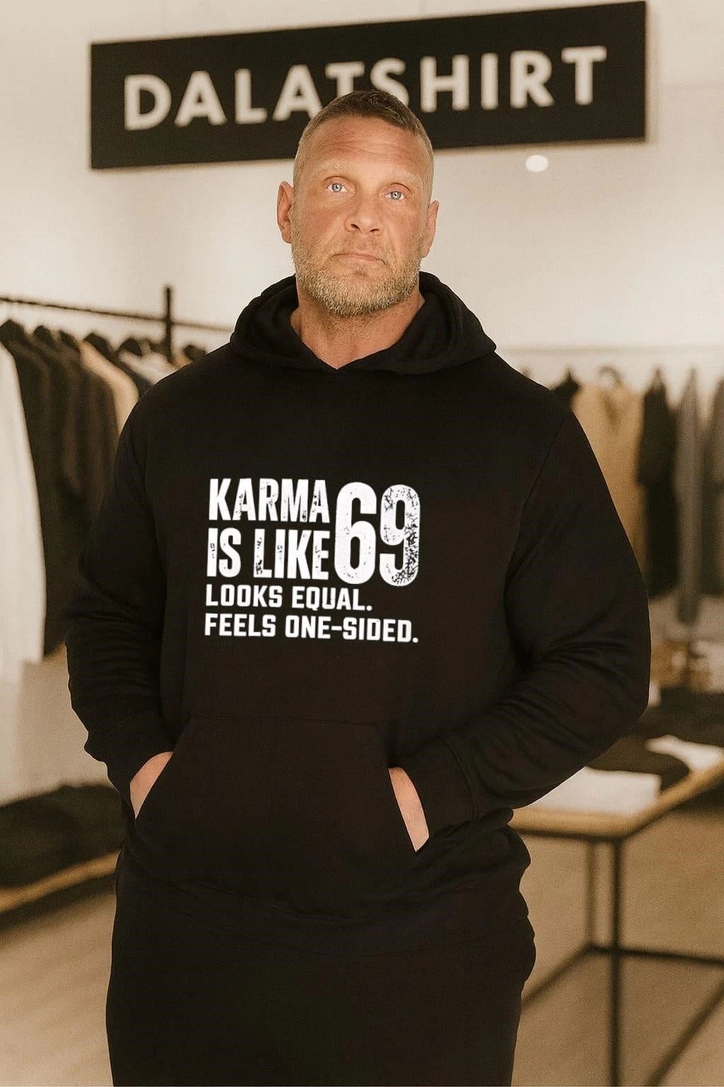 Premium Funny Quote Karma Is Like 69 Looks Equal Feels One Sided shirt