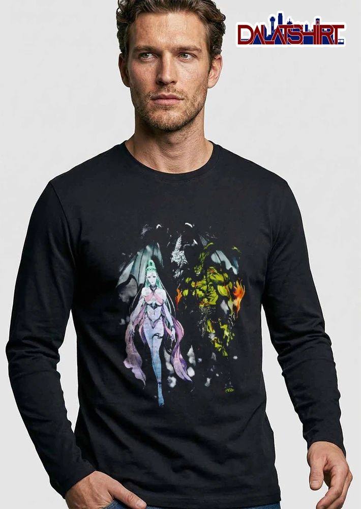 Pale Fantasy Ice Goddess Green Fiery Demon Dark Wings Black Background shirt