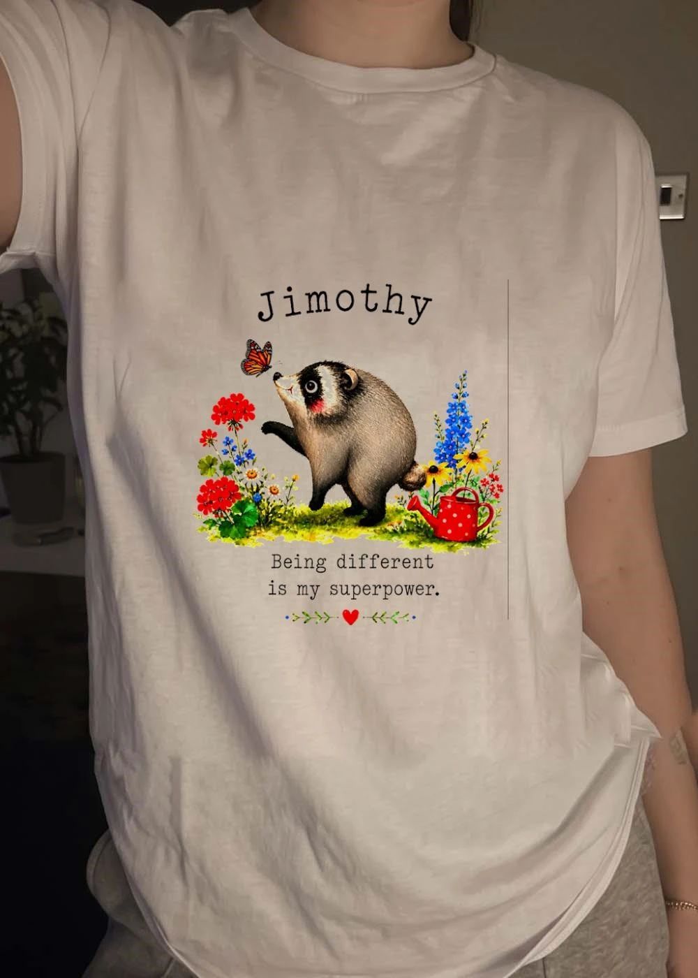 Jimothy The Raccoon Greeting A Butterfly Being Different Is My Superpower Shirt
