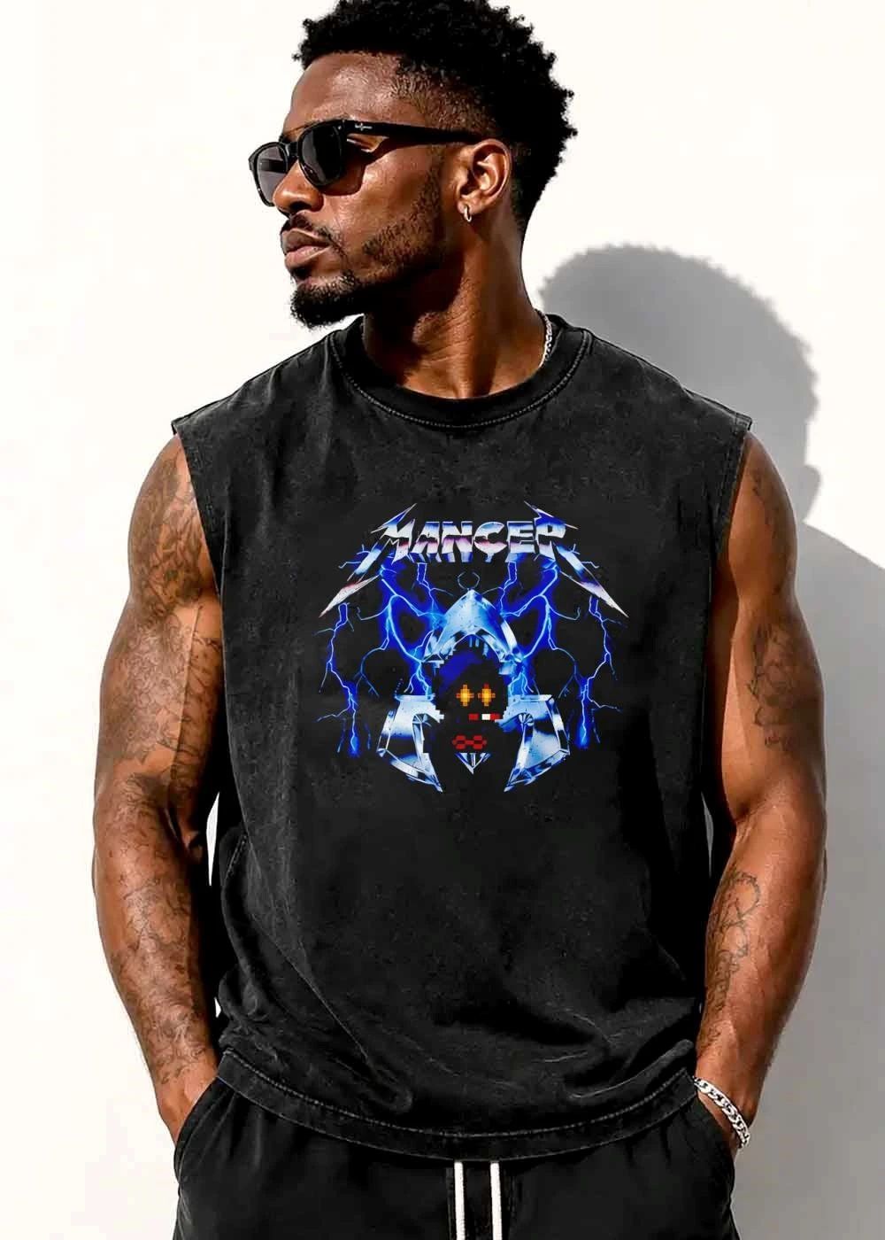 Mancer Pixel Art Character Electric Chair Blue Lightning shirt