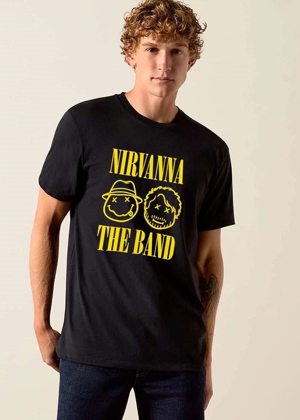 Nirvanna The Band Yellow Line Art Sketch Smiley Characters shirt