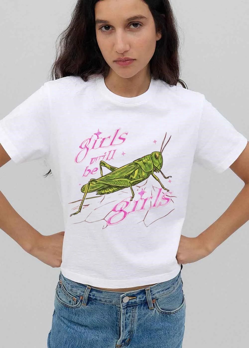 Girls Will Be Green Grasshopper Pink Sparkles Illustration shirt