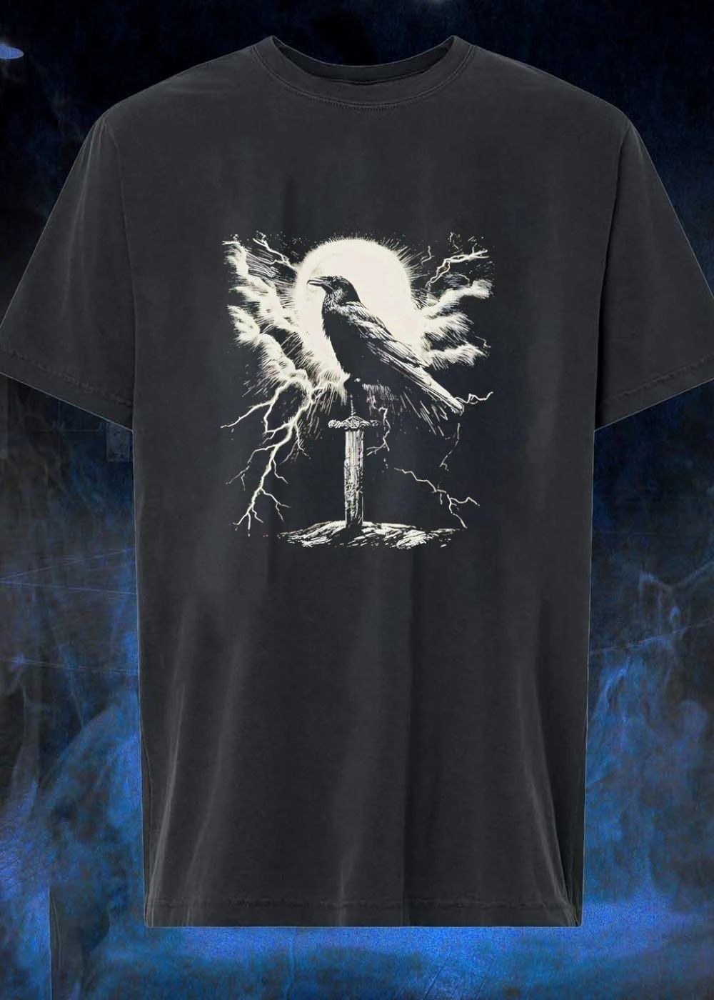 Raven Perched upon Sword under Lightning and Moon shirt