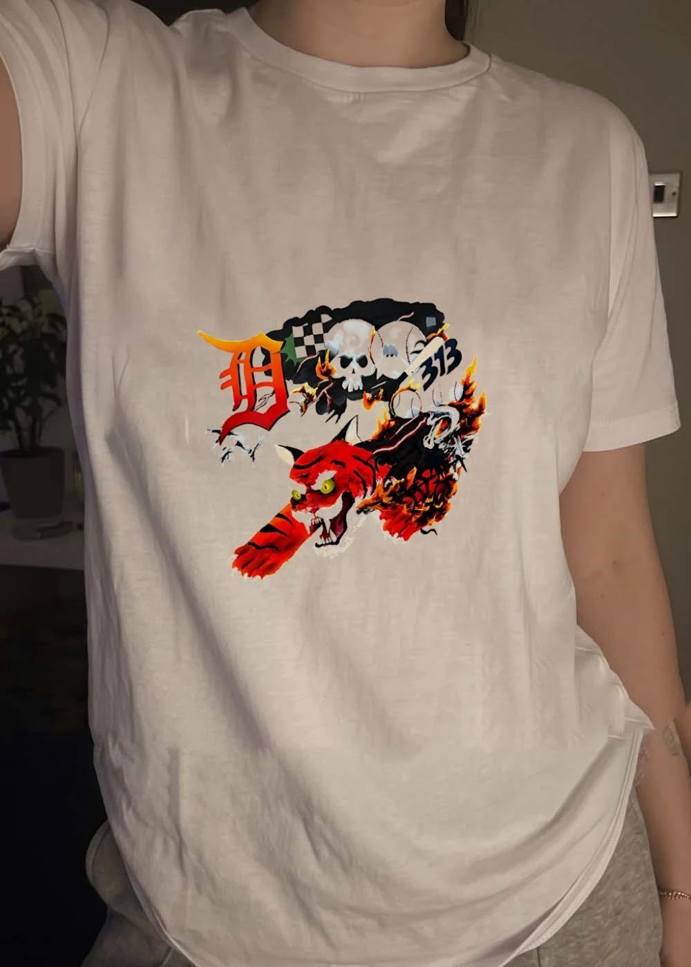 Detroit Tigers Skull Baseball 313 Fire Tiger T-Shirt