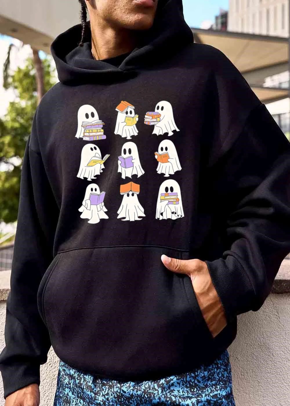 Nine Cartoon Ghosts Reading And Holding Stacks Of Books Grid shirt