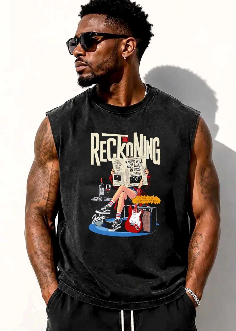 The Reckoning Bands Will Rise Again Julian 2026 Woman Reading Newspaper Red Electric Guitar Amp shirt
