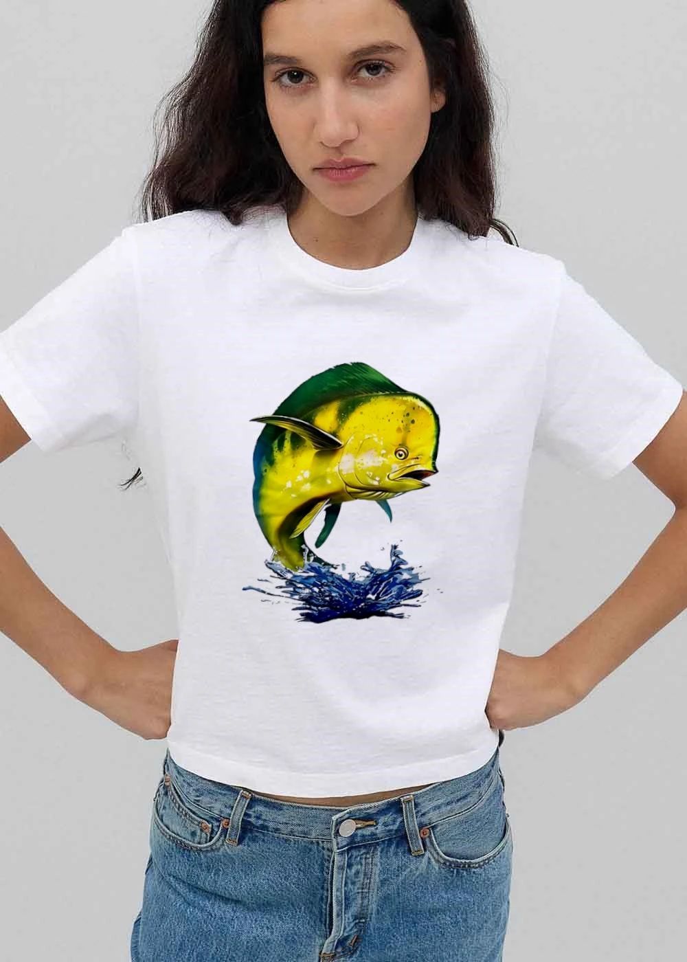 Bright Yellow Green Mahi Jumping Splashing Blue Water shirt