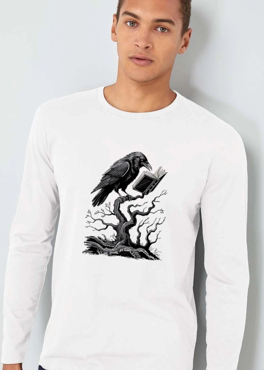 Gothic Black Raven Reading Open Book Perched On Gnarled Tree Line Art shirt