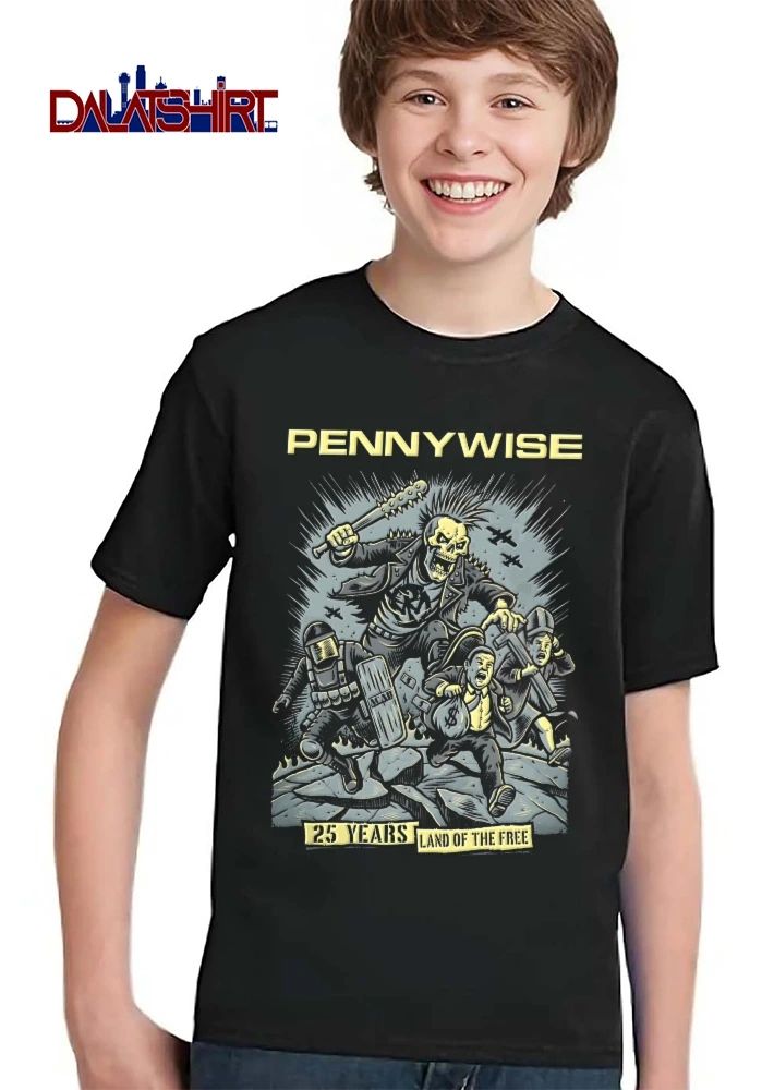 Pennywise 25 Years Land Of The Free Skeleton Mohawk Punk Spiked Bat Chasing Riot Cop Businessman Cartoon shirt