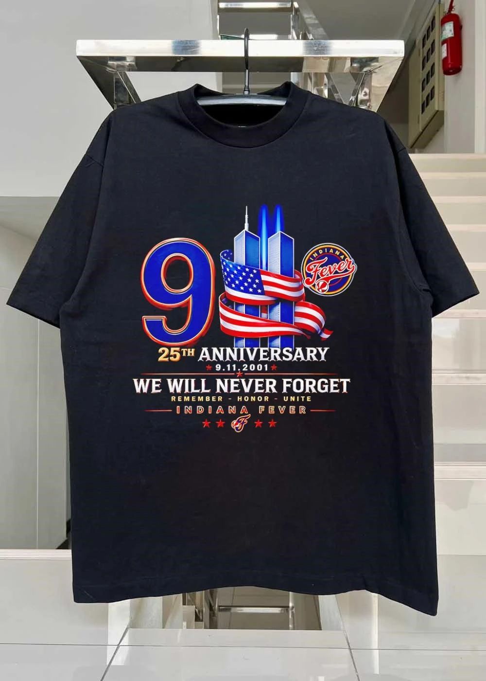 Indiana Fever WNBA We Will Never Forget 25th Anniversary 2001 Twin Towers American Flag shirt
