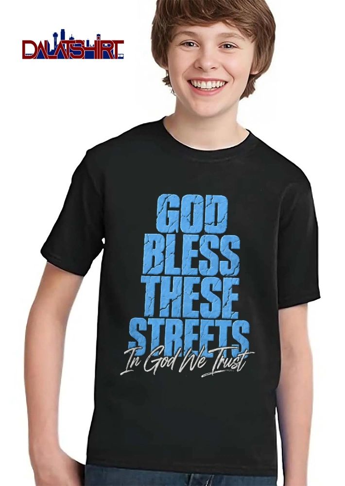 God Bless These Streets In God We Trust Distressed Cracked Block Text Cursive Script shirt