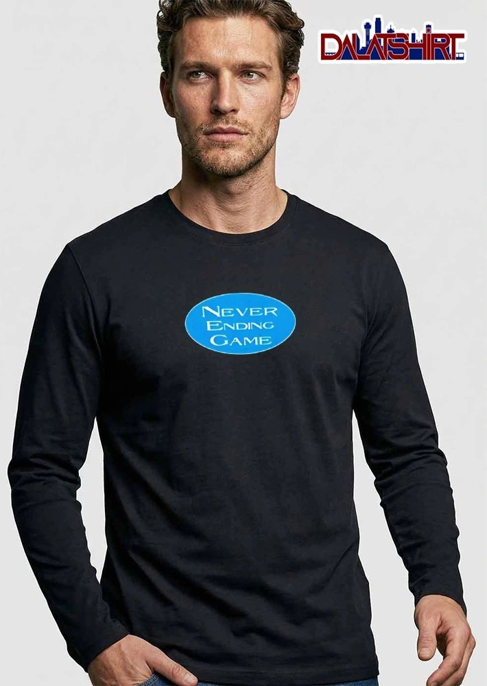 Never Ending Game White Text Blue Oval Black Background shirt