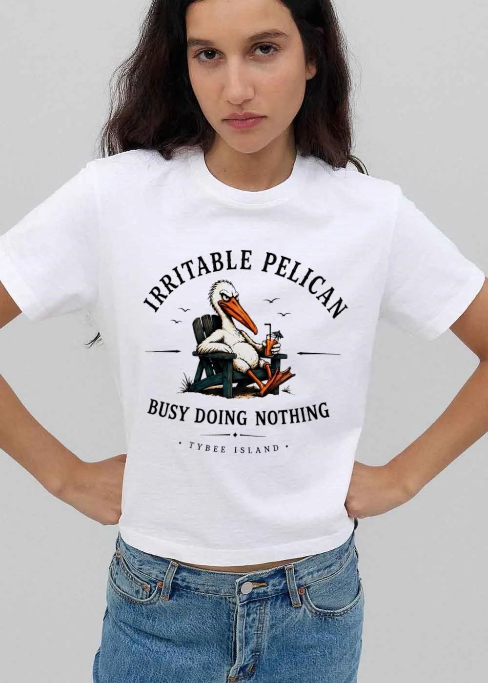 Irritable Pelican Busy Doing Nothing Tybee Island Angry Cartoon Bird Beach Chair Cocktail shirt