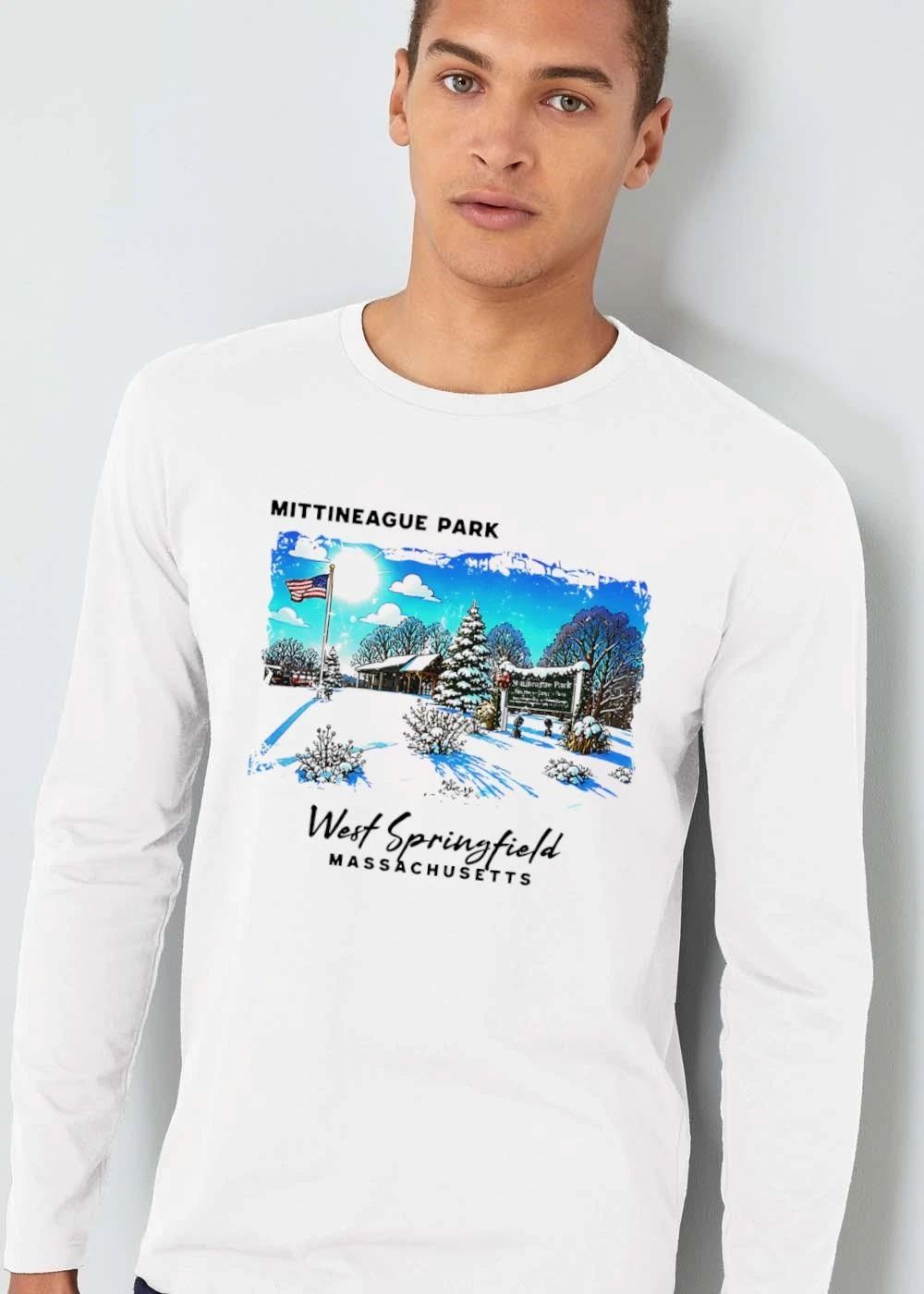 Mittineague Park West Springfield Massachusetts Snowy Winter Landscape American Flag Pavilion shirt