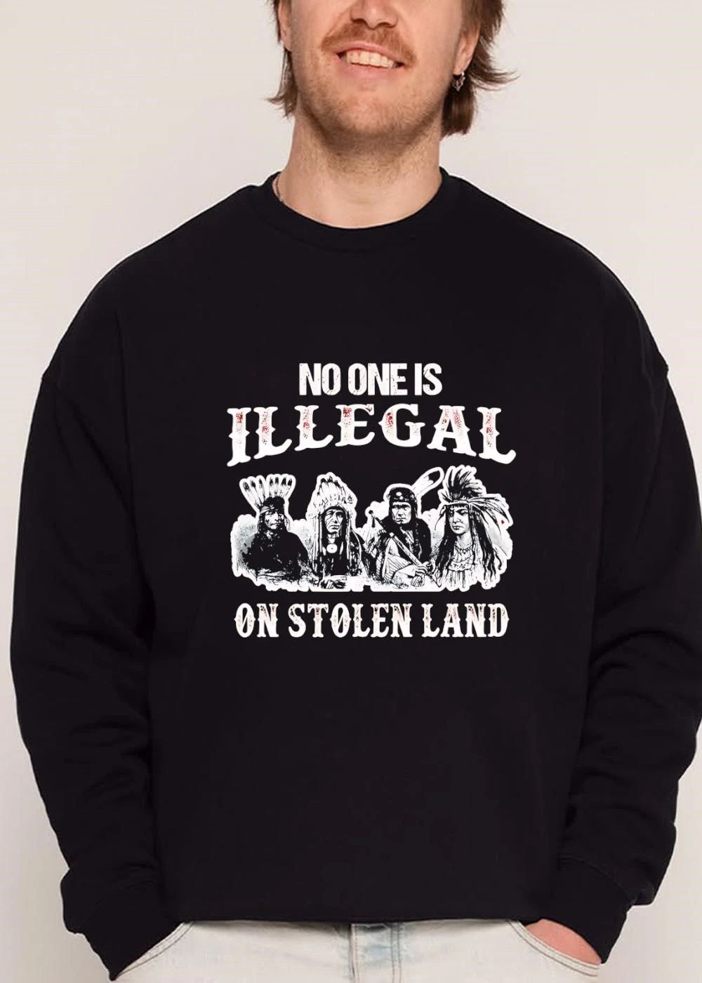 No One Is Illegal On Stolen Land Four Native American Chiefs Portrait Black White shirt