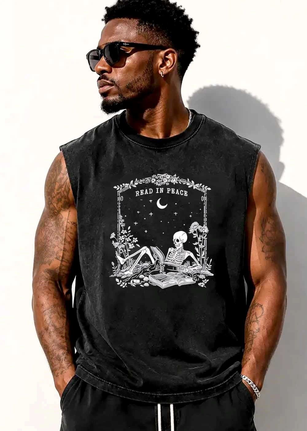 Read In Peace Skeleton Reading Book Crescent Moon Line Art shirt