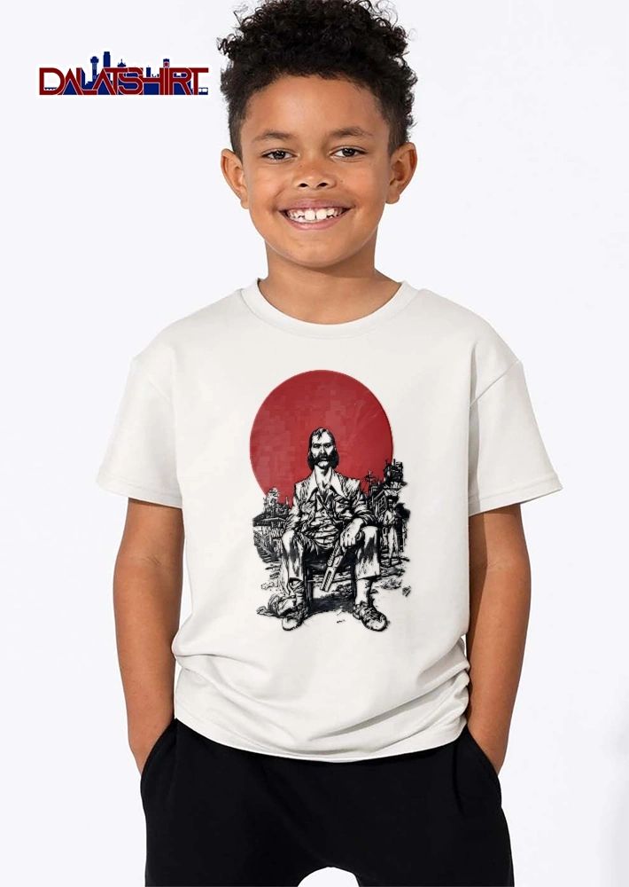 Harrier Du Bois Disco Elysium Kim Kitsuragi Seated Holding Gun Red Sun Line Art shirt