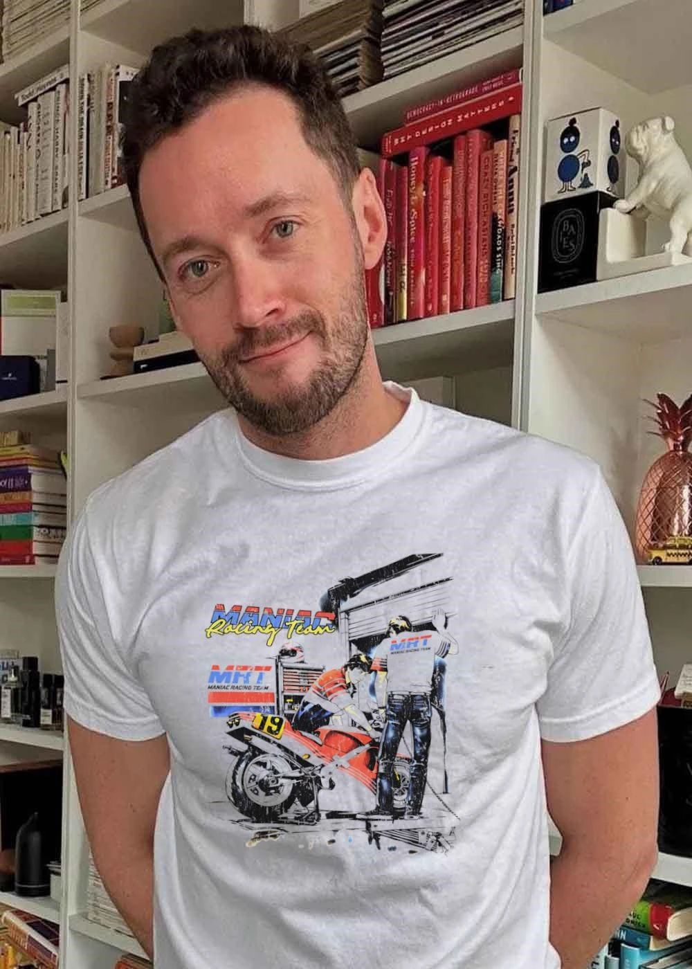 Maniac Racing Team Mechanic Working on Red Racing Motorcycle MRT shirt