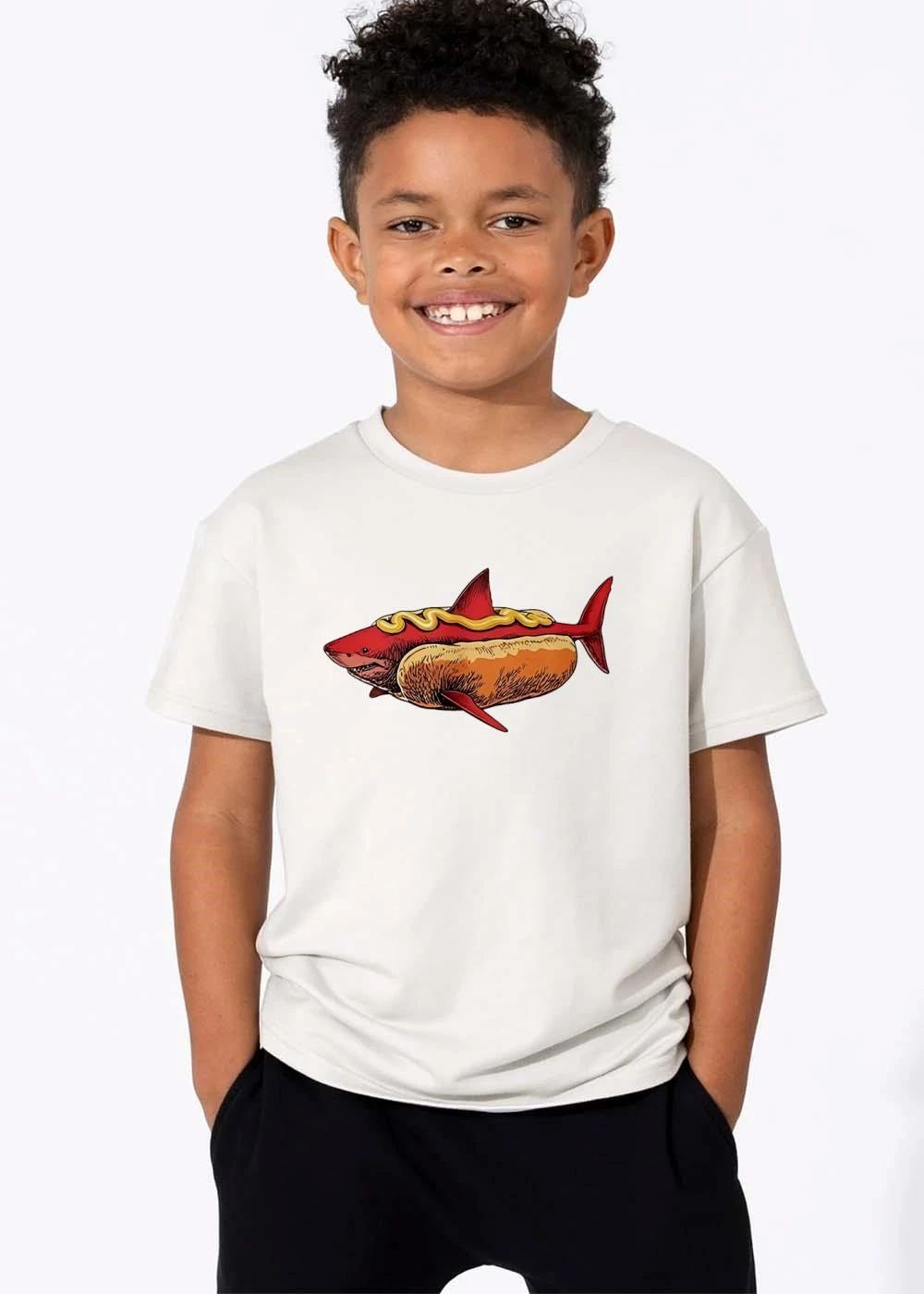 Cartoon Red Shark Swimming Inside Hot Dog Bun Yellow Mustard shirt