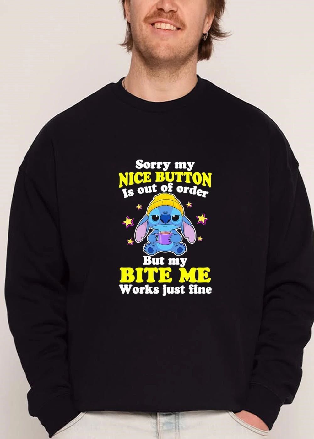 Sorry My Nice Button Is Out Of Order But Bite Me Works Just Fine Cartoon Blue Alien Beanie Purple Mug shirt